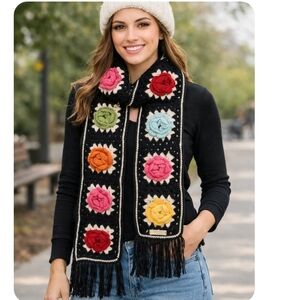 Handmade Crochet Rose Granny Square Scarf – 100% Cotton Floral Scarf